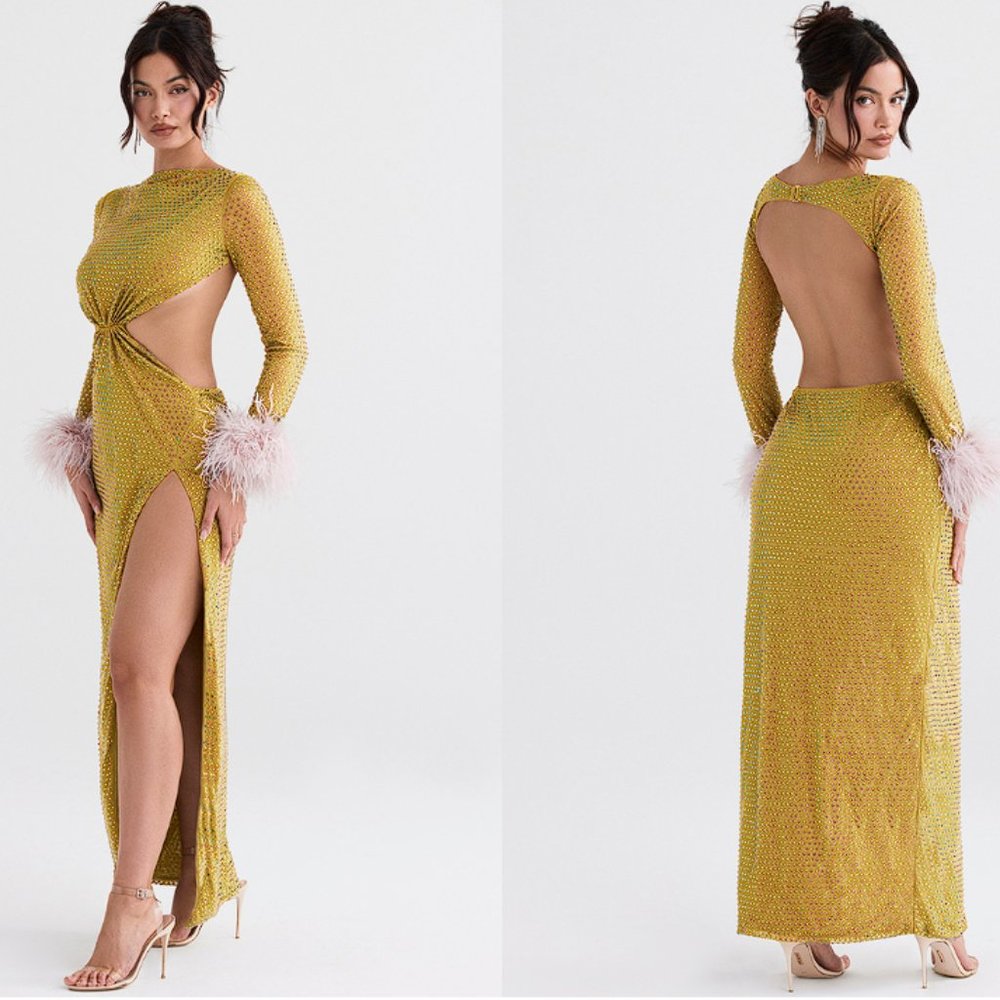 HOUSE OF CB 'Gina' Feathered Chartreuse Crystallised Maxi Dress NWOT - Picture 3 of 11